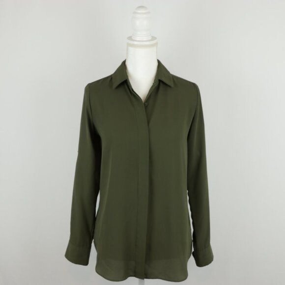 Mossimo Women's Extra Small Green Crepe Roll Tab Long Sleeve Button Up Shirt - Picture 1 of 7
